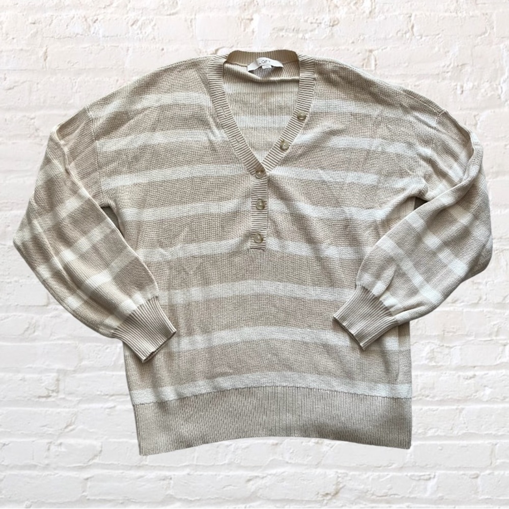 Like 🆕 Loft ribbed v-neck relaxed fit beige and ivory striped sweater
